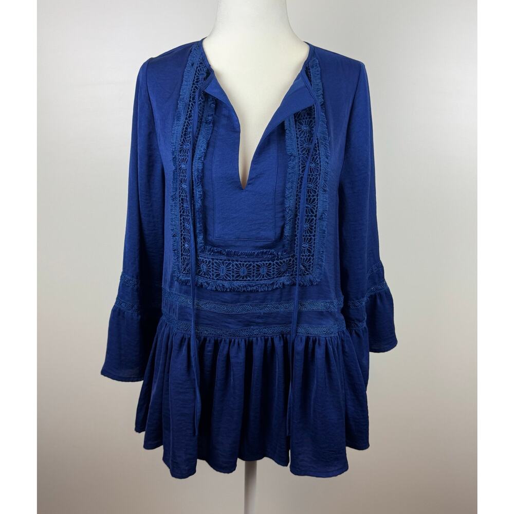 Devlin Womens Embroidered Bell Sleeve Tunic Top in Blue Sz XS Boho Peasant Flowy
